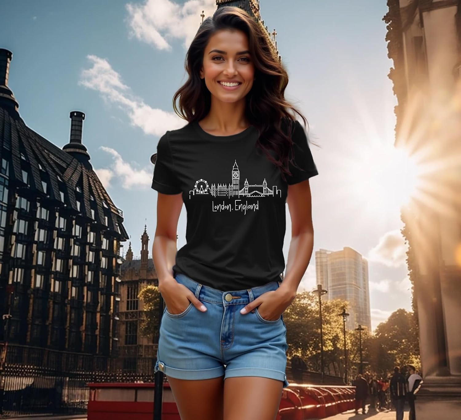 Detalle de Qskall women’s London England T-shirts with London skyline print (crew neck casual tee)