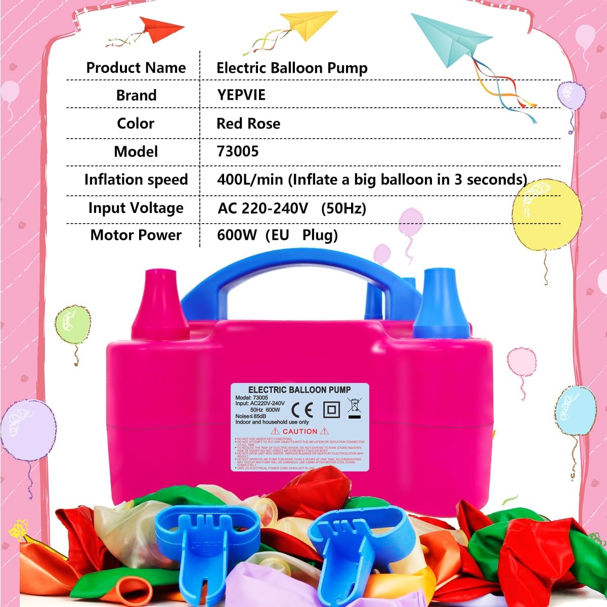 Detalle 2 de YEPVIE Elektrische Luftballonpumpe 600W – Set mit 14 Ballongirlande-Kits, 2 Inflationsmodi und Doppeldüse