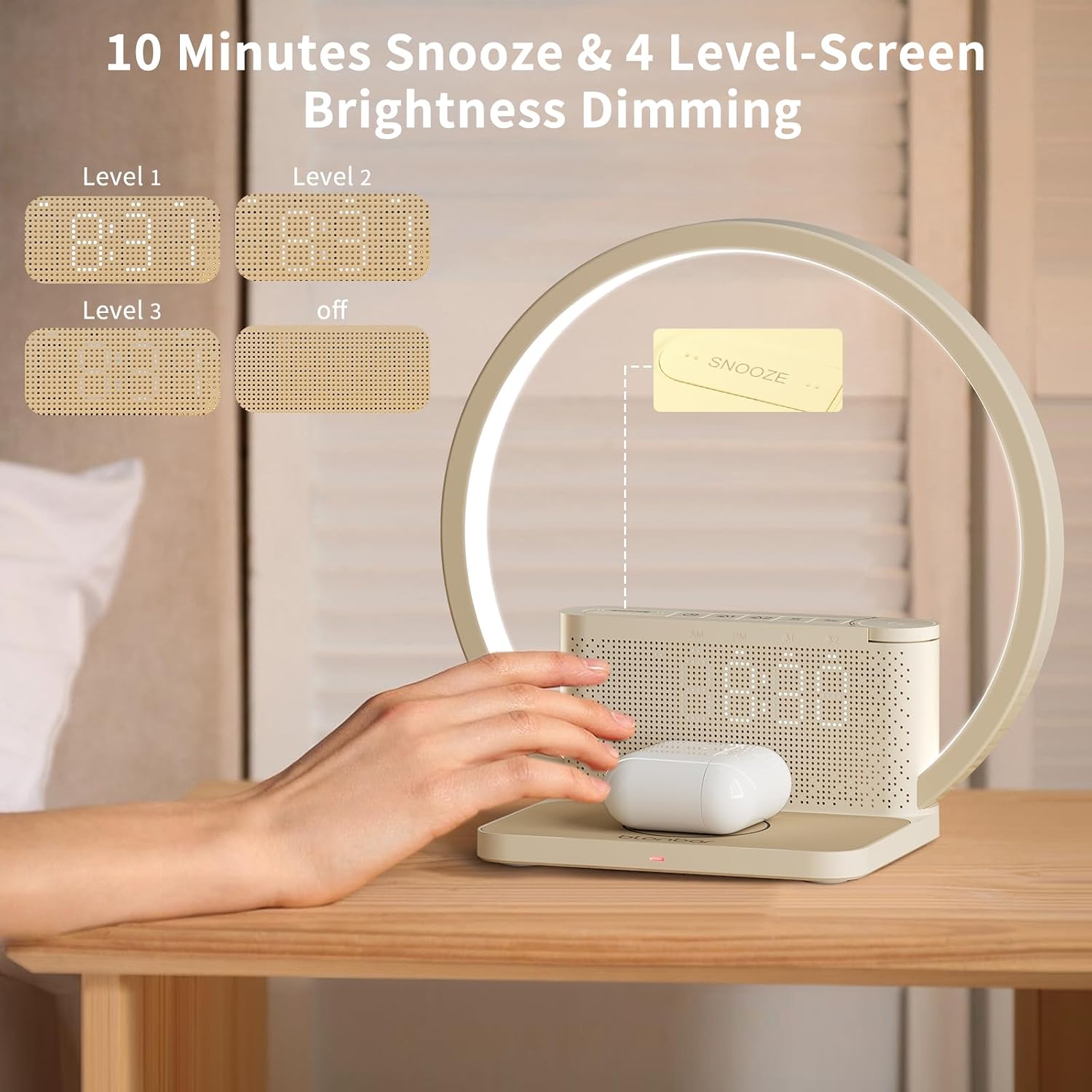 Detalle de blonbar Alarm Clock & Wake-up Light (Beige) – Sunrise Lamp with Dual Alarms and Wireless Charge