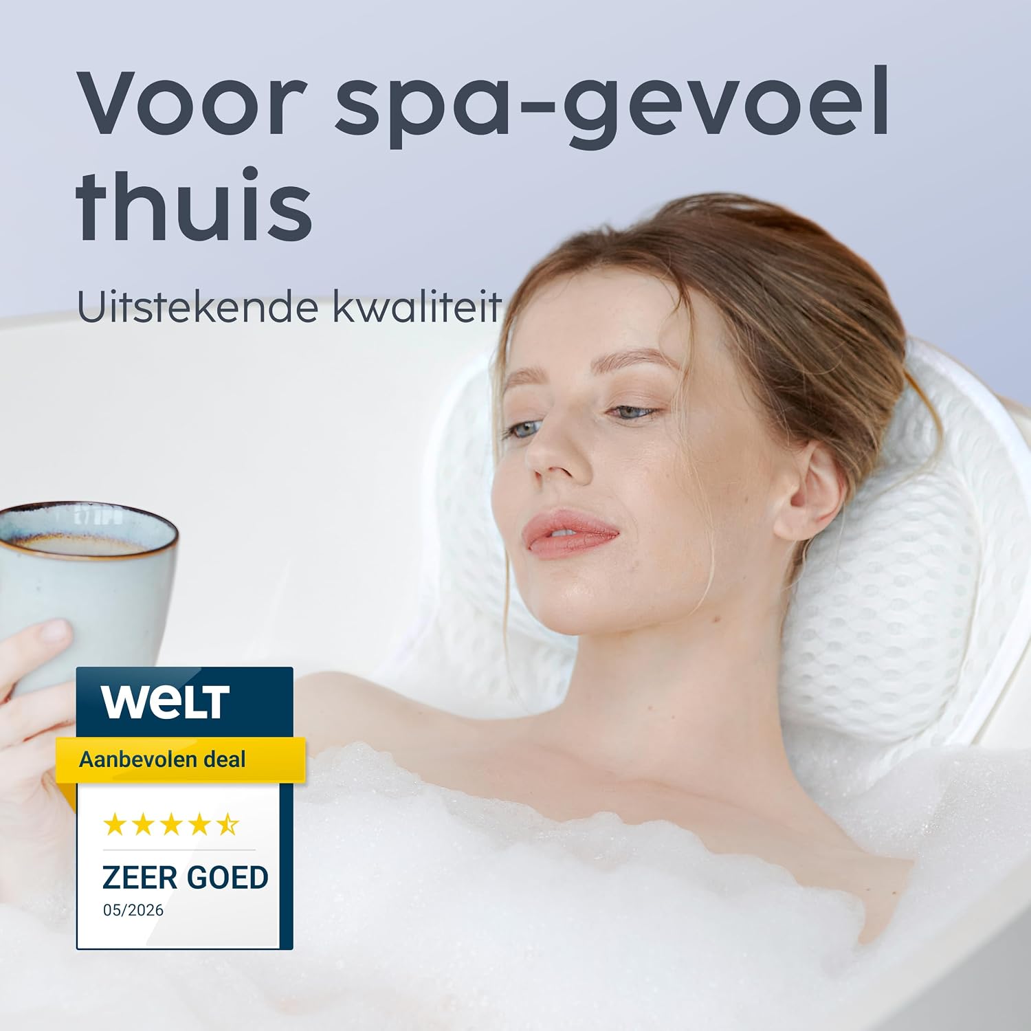 Detalle 2 de Vesta+ BK-L-W badkussen XXL, wit, met 6 zuignappen en neksteun van 8 cm