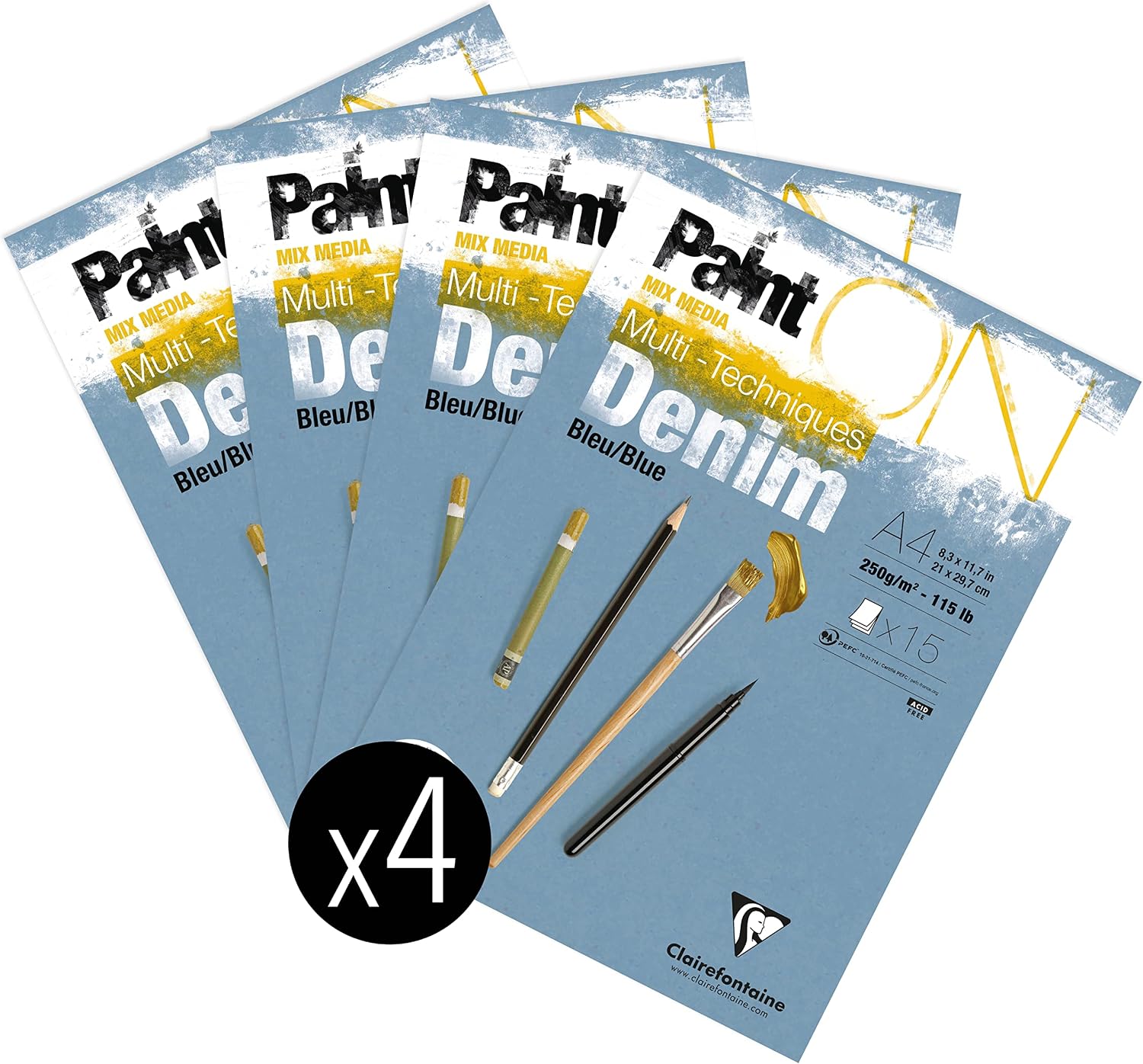 Detalle de Clairefontaine 975701C Bloc Collé PaintON Multi-techniques Denim A4 – 15 Feuilles, Paquet de 4 Blocs