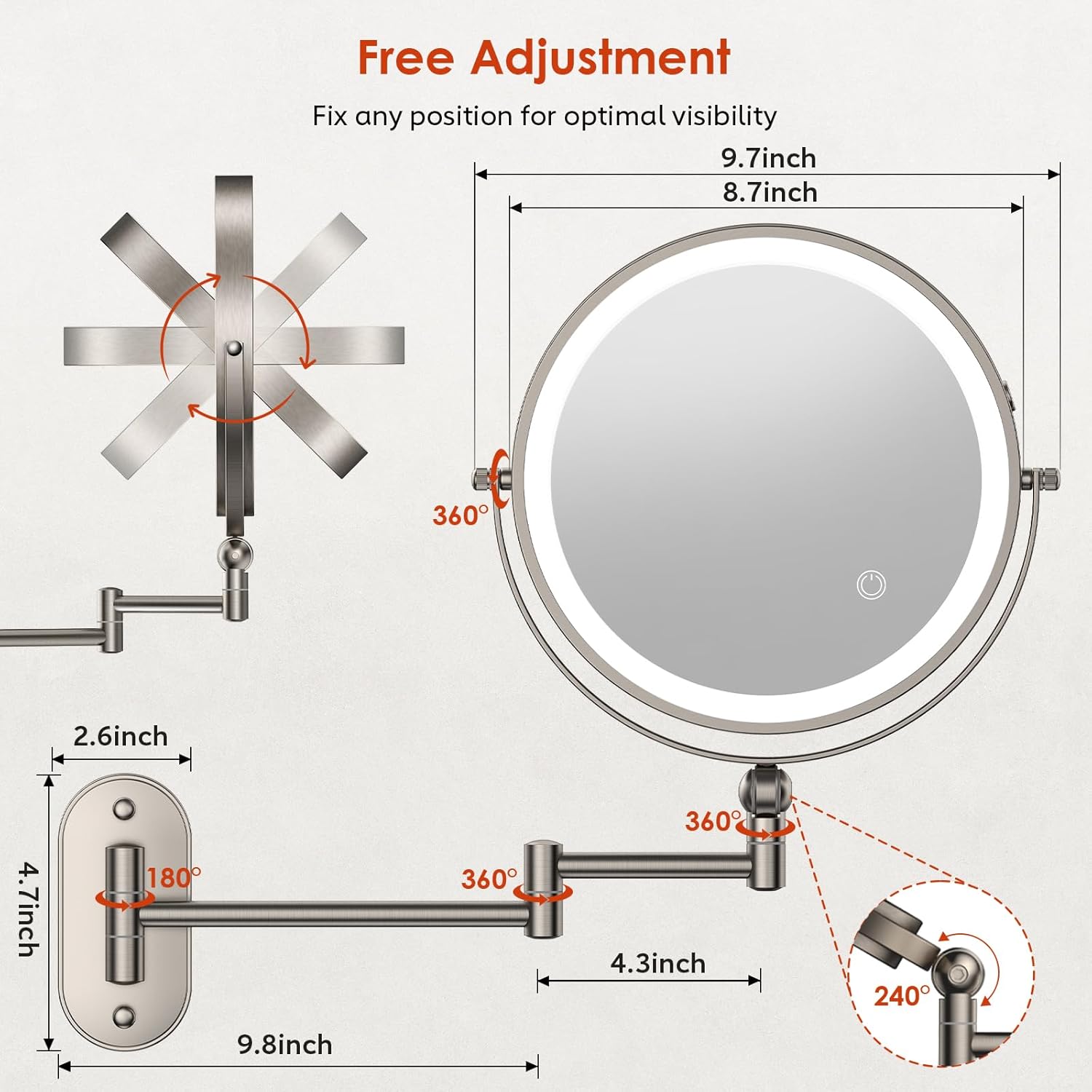 Detalle 2 de ZLOKLA 9 Inch lighted makeup mirror 360