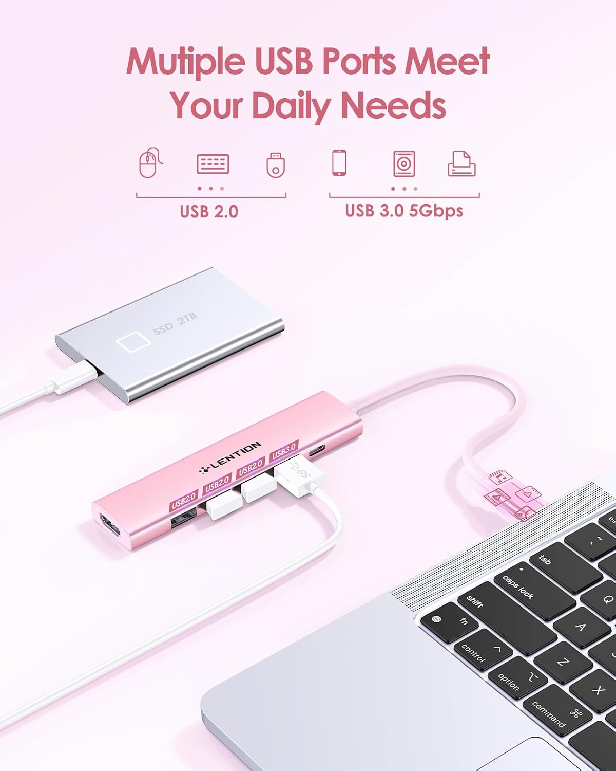 Detalle de LENTION USB-C Hub Multiport Adapter (100W PD, 4K HDMI, USB 3.0 + 3× USB 2.0) for MacBook, Chromebook & iPhone