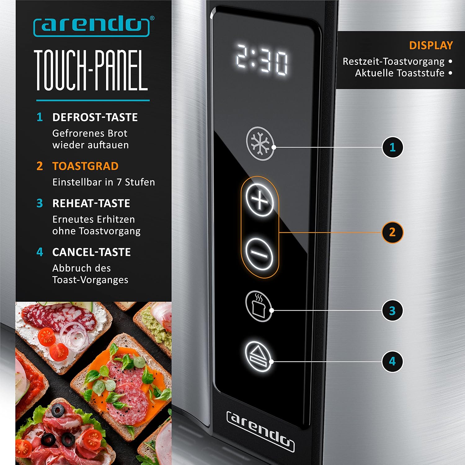 Thumbnail 2 de Arendo Frukost Touch – toster z długim otworem, 4 kromki, 1500 W