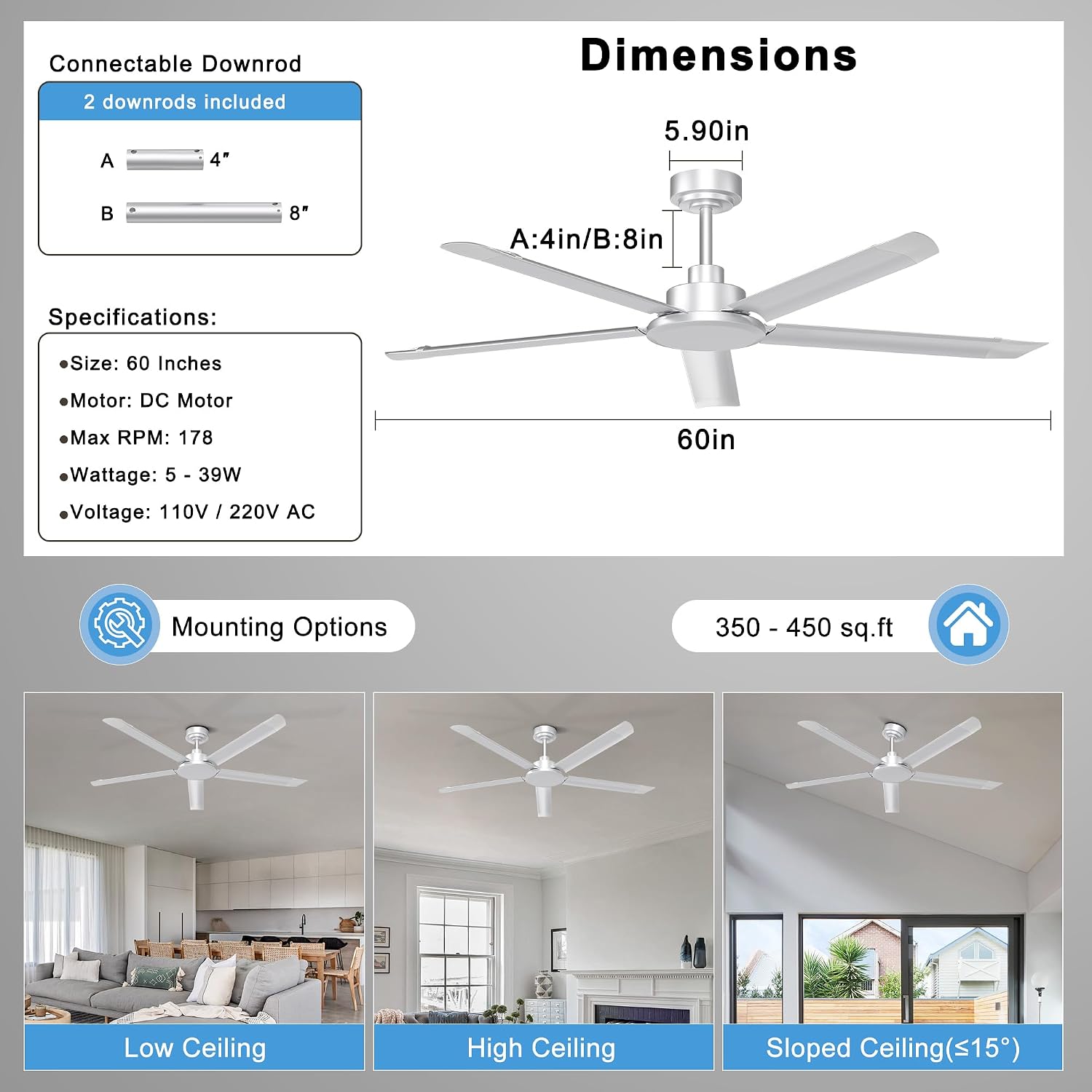 Detalle de Ohniyou GLX121 60-Inch Industrial Ceiling Fan, No Light, Silver