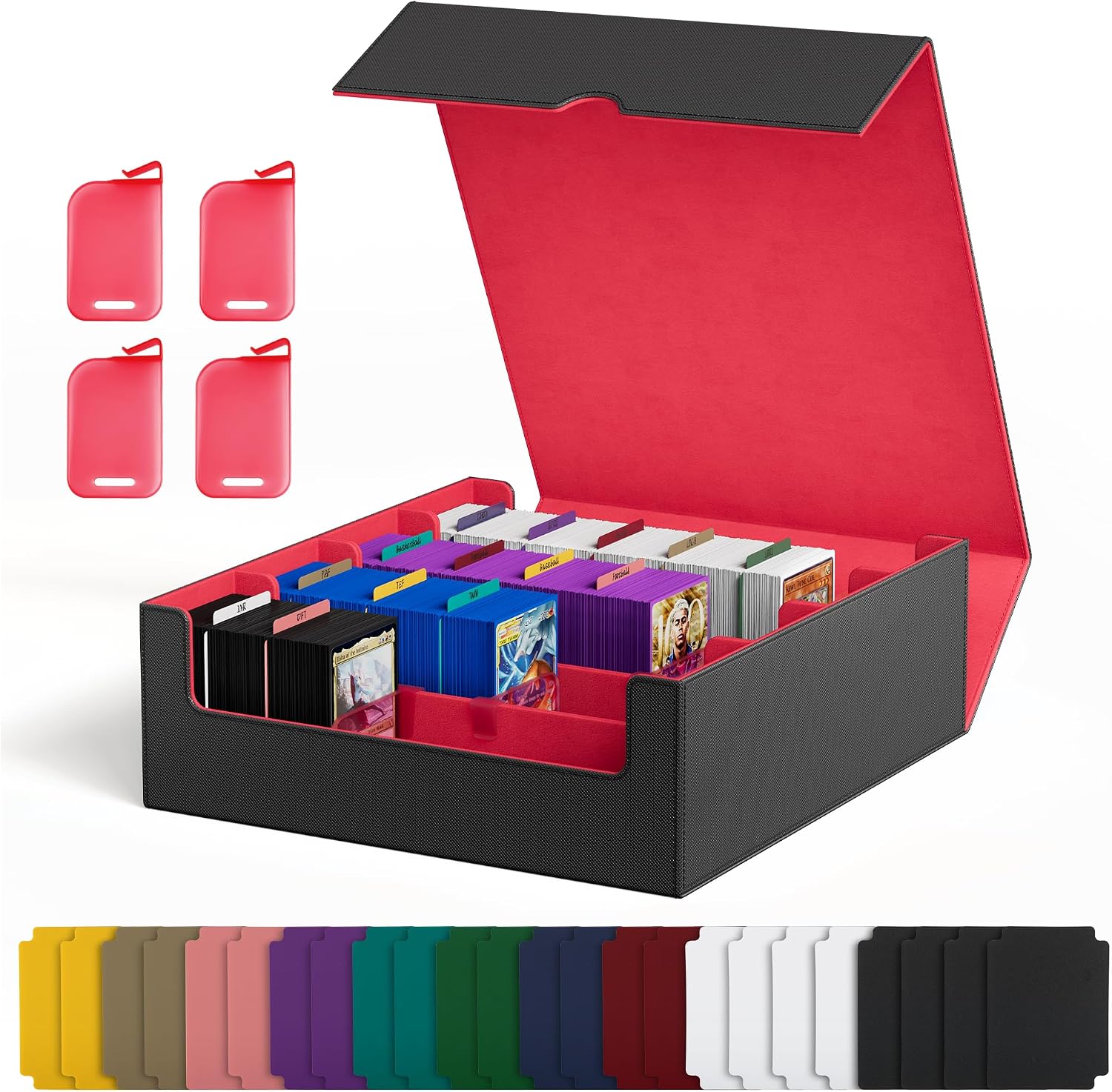 UAONO Kartenaufbewahrungsbox für Trading Cards – 2400+ MTG Commander Deck Box mit 24 bunten Trennern (schwarz & rot)