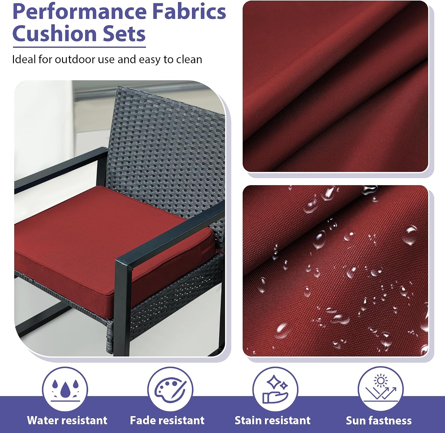 Detalle de IPYNBAP Outdoor Chair Cushions 19 x 19, Set of 4, Burgundy, 3-Inch Foam