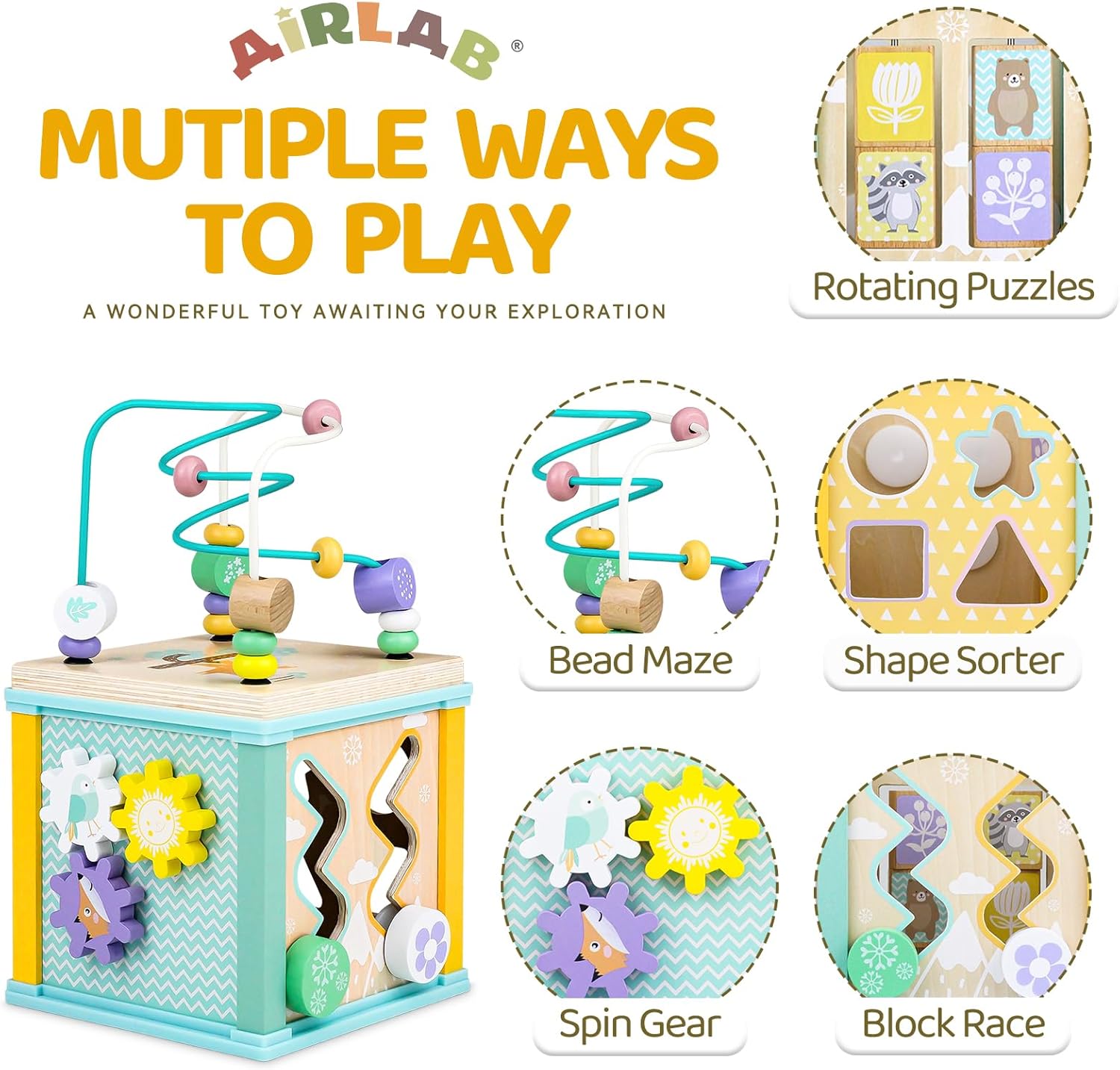 Thumbnail 1 de Airlab Wooden Activity Cube Toys – 5-in-1 bead maze, shape sorter & sensory learning cube for 1+ year olds