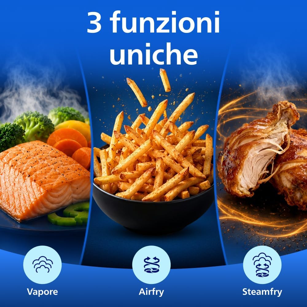 Detalle de Philips Airfryer Serie 5000 con Maxi Capacità e SteamFry – Steam e Frittura ad Aria, 28 Programmi, Doppio Cestello 3L+6L