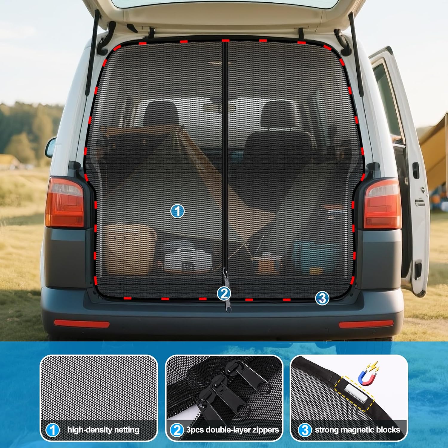 Detalle 2 de ZATOOTO Mosquito Net Zip for VW T5/T6 Tailgates – Magnetic, 3-zip Rear Boot Shade for Camping