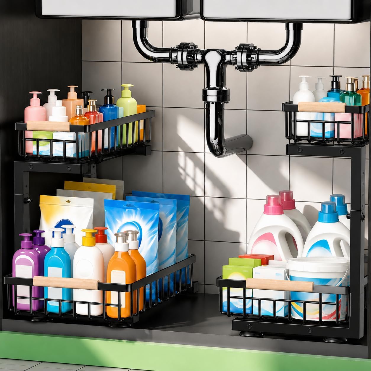 Detalle de GeeBom Under Sink Organizer: 2-Tier Pull-Out Shelf (2-Pack) in Black