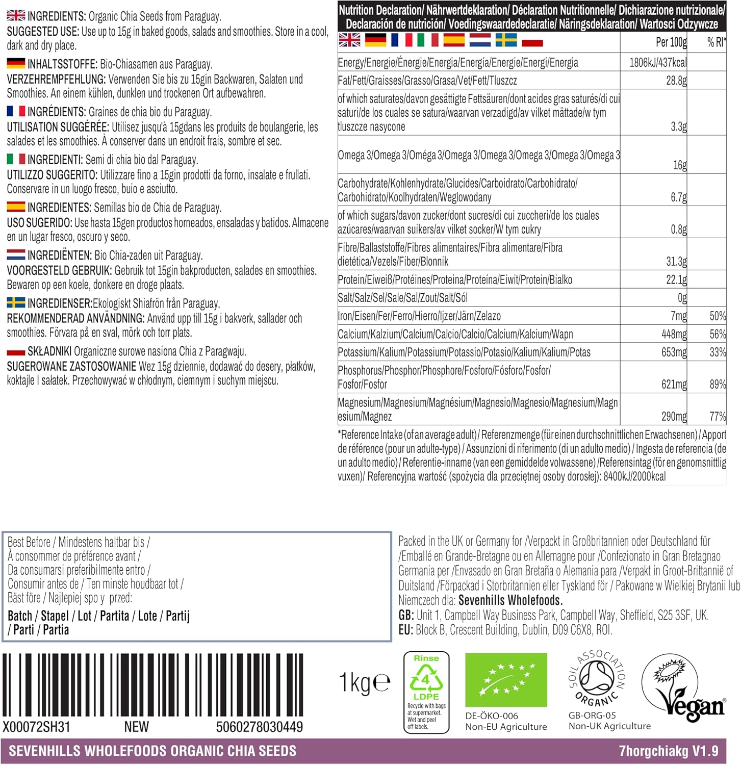 Detalle 2 de Sevenhills Wholefoods Graines de chia 1kg 🌱