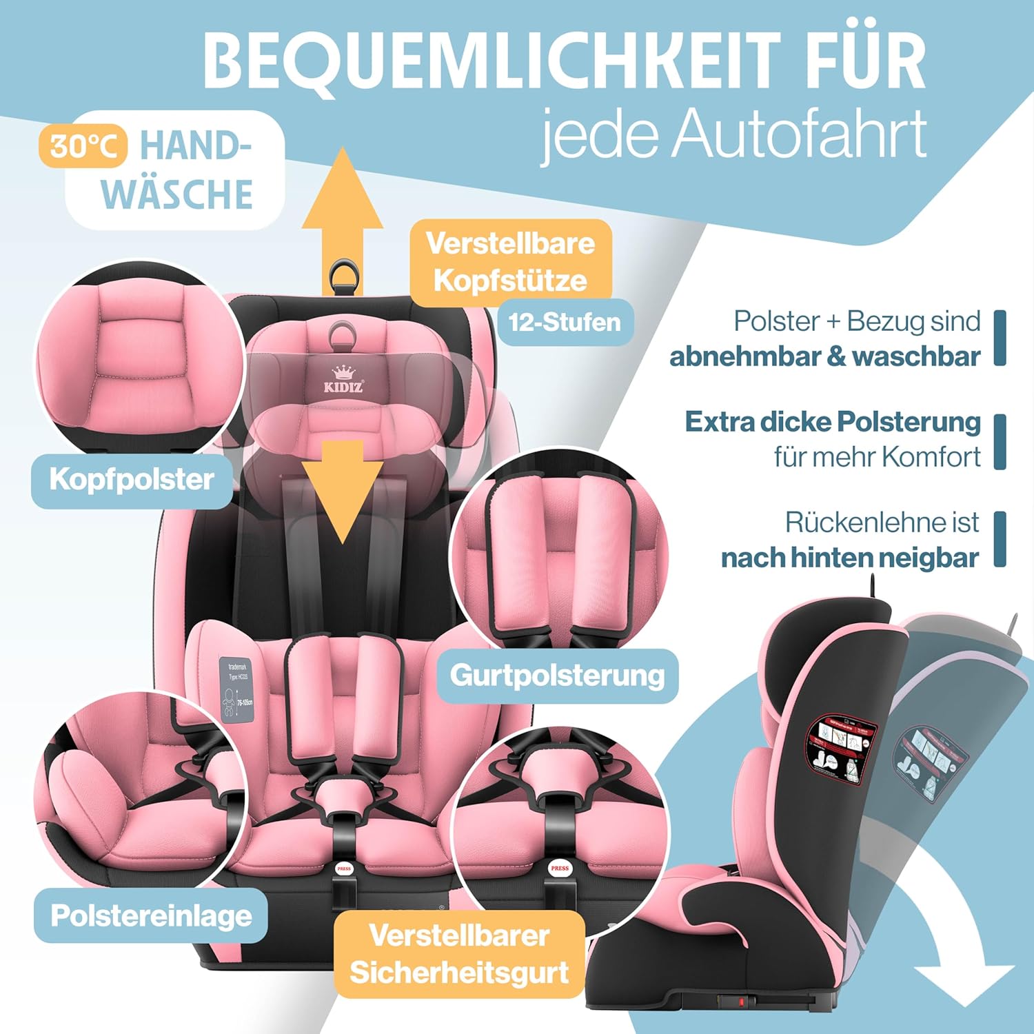Thumbnail 5 de KIDIZ Autokindersitz mit ISOFIX i-Size R129 (100–150 cm) und 5-Punkt-Gurt, rosa