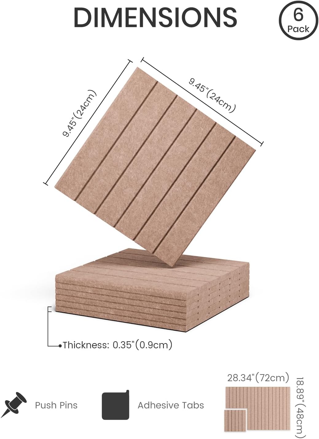Detalle de Fluxynara Boho Fine-Stripe Felt Bulletin Board Tiles, 6-Pack with Pushpins