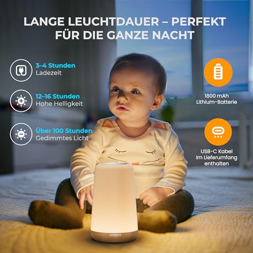 Detalle de UPXNBOR LED Nachttischlampe – Touch- & Fernbedienung, 13 RGB-Farben, 4 Lichtmodi, 5-stufige Helligkeit, Timer, Akku 1800 mAh