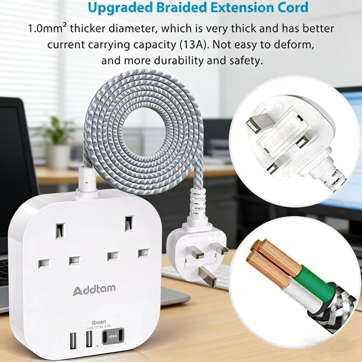 Thumbnail 2 de Addtam Extension Lead Power Strip with 2 Way Outlets, 4 USB Ports and 5m Braided Cord (Surge Protection)