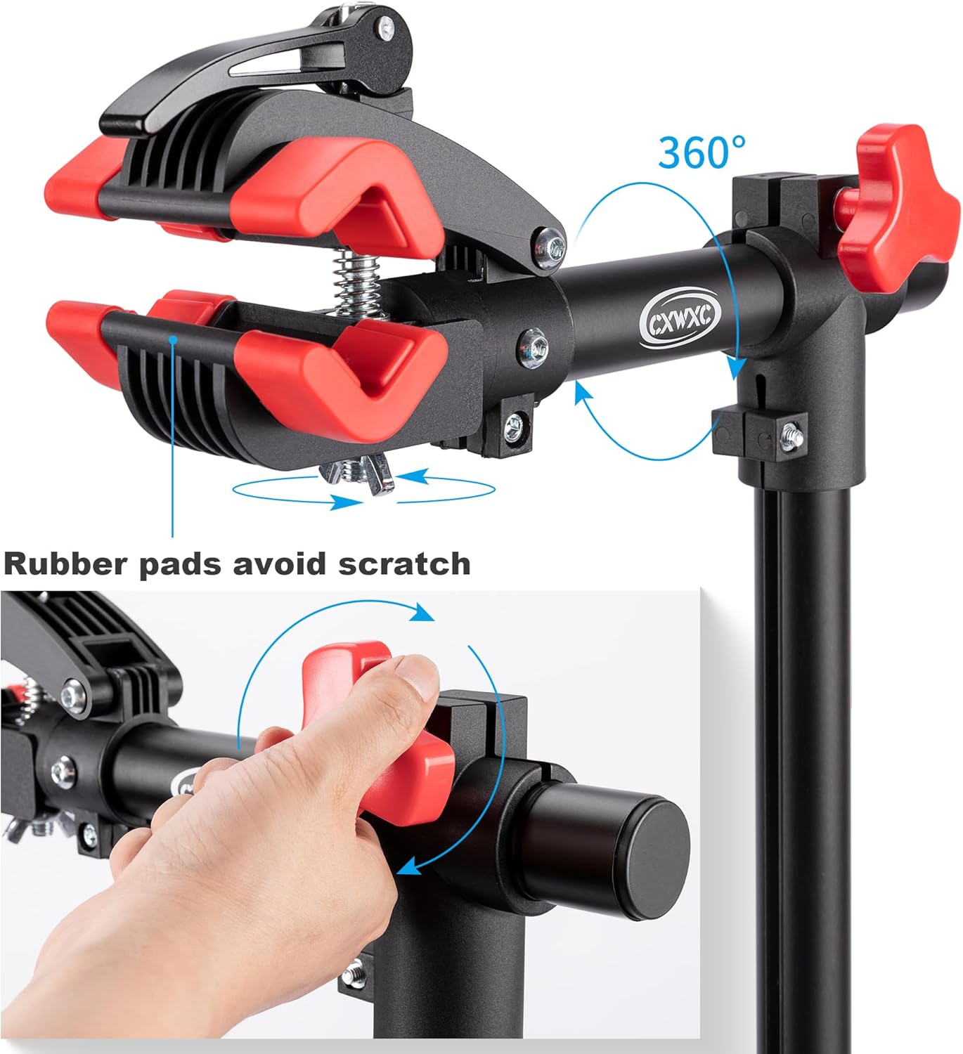 Detalle 2 de CXWXC 30KG loading bicycle repair stand with 360° swivel clamp, magnetic tray and quick-release rod