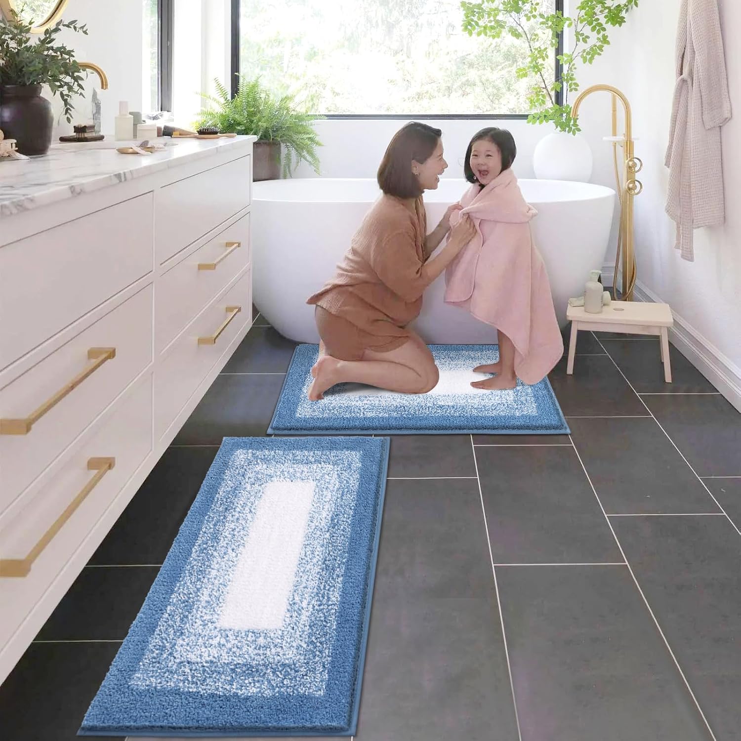 Detalle de Enyhom CKJBbathmat badmatset, microvezel, blauw, antislip, 45 x 65 + 45 x 120 cm
