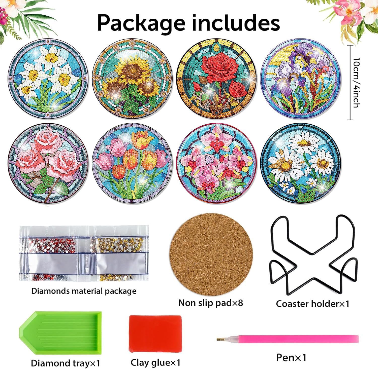 Detalle 2 de croshom 8-Piece Floral Diamond Art Coaster Kit with Acrylic Coasters and Cork Backing