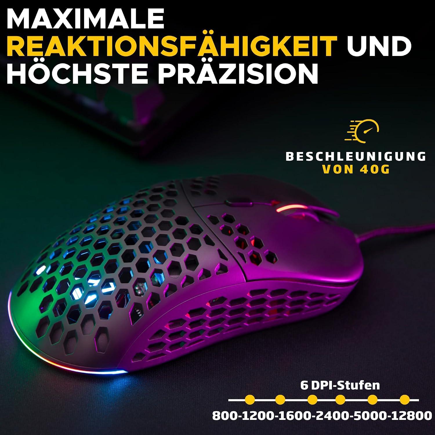 Detalle de THE G-LAB Kult Oxygen – Hochleistungs-Gaming-Maus mit Kabel, 12.800 DPI, 6 programmierbare Tasten, 60 g