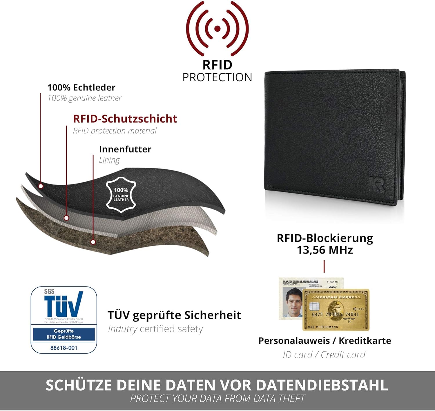 Detalle de KRONIFY Leder Geldbörse Herren I RFID Schutz 13 Karten