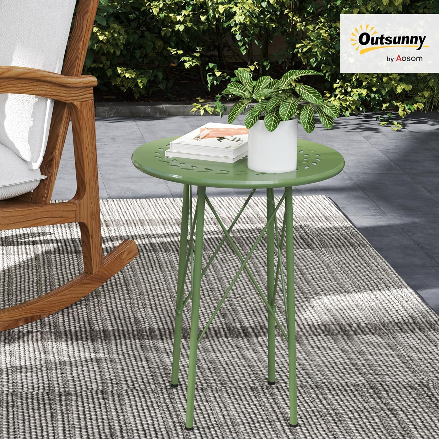Detalle de Outsunny Petite table d’appoint ronde en acier vert avec décor fleur et feuilles