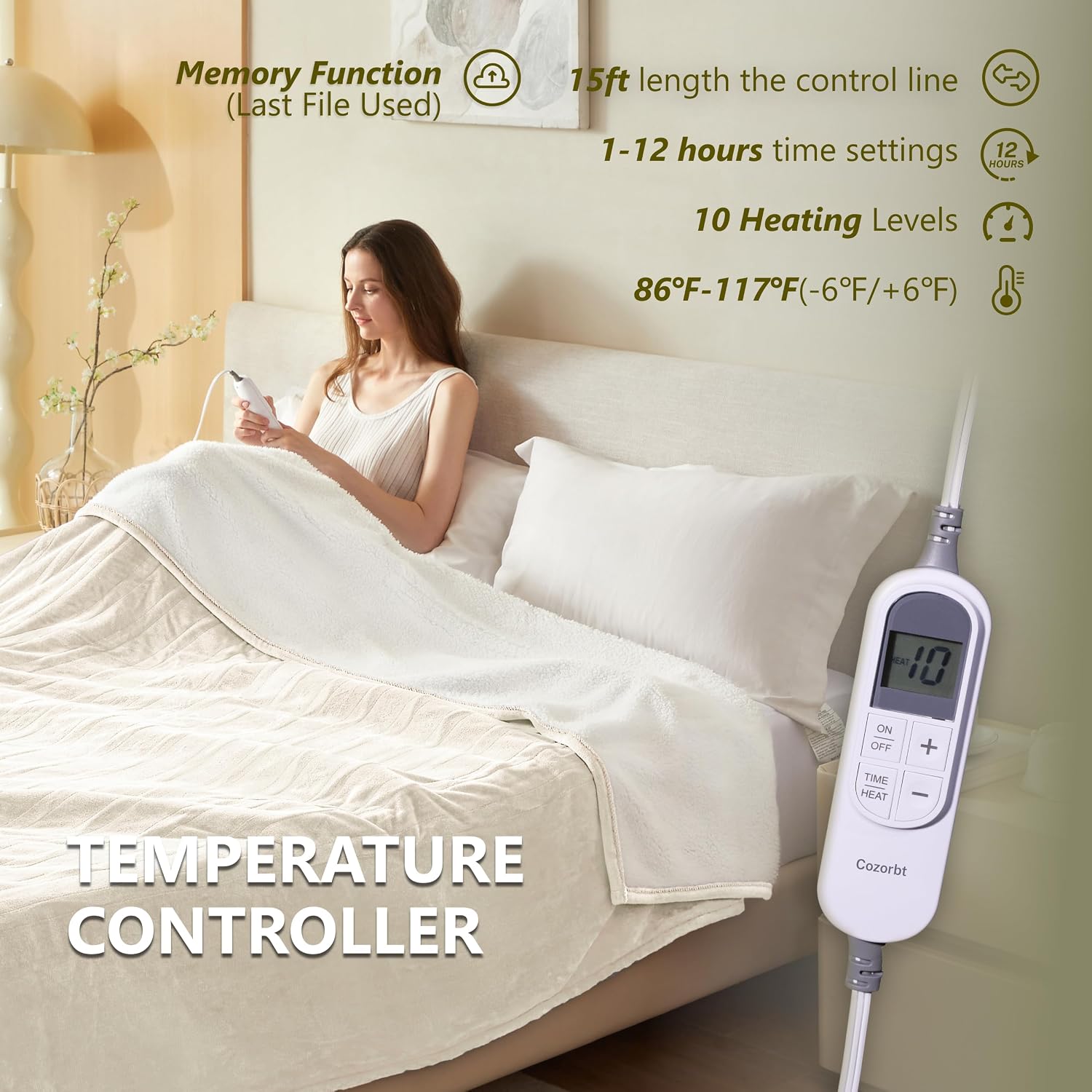 Detalle 1 de Cozorbt HLT1-LT-F Electric Throw, Reversible Flannel and Sherpa, 10 Heat Settings