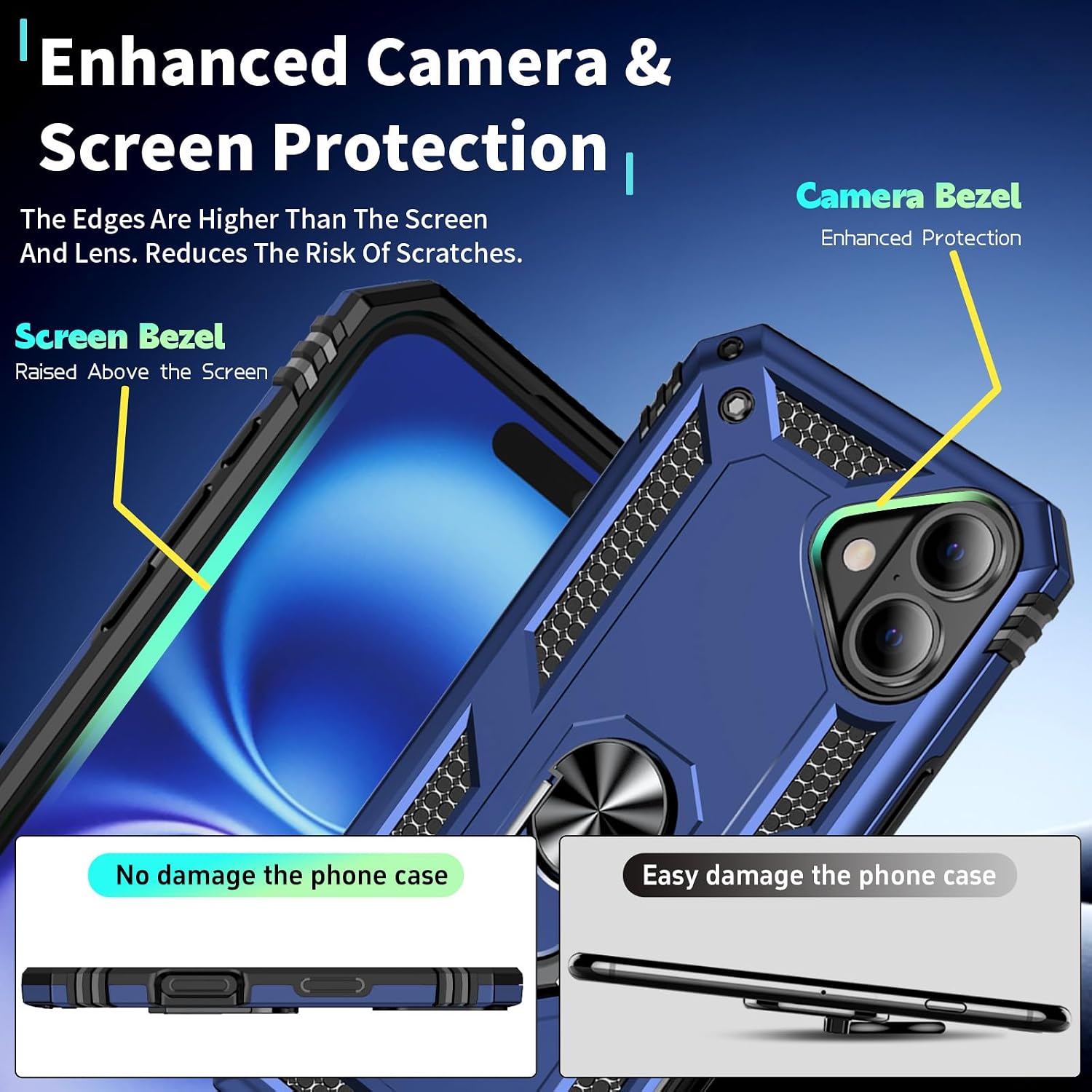 Detalle 2 de HNHYGETE iPhone 16 Case with 360° Rotating Kickstand, Blue