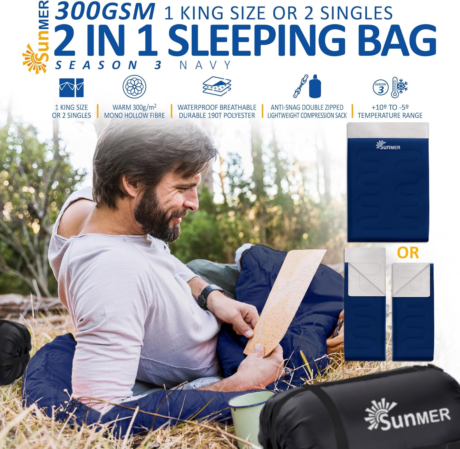 Thumbnail 1 de SUNMER 3–4 Season Double Sleeping Bag (2-in-1 King Size) – 300GSM waterproof for couples or 2 people, Navy
