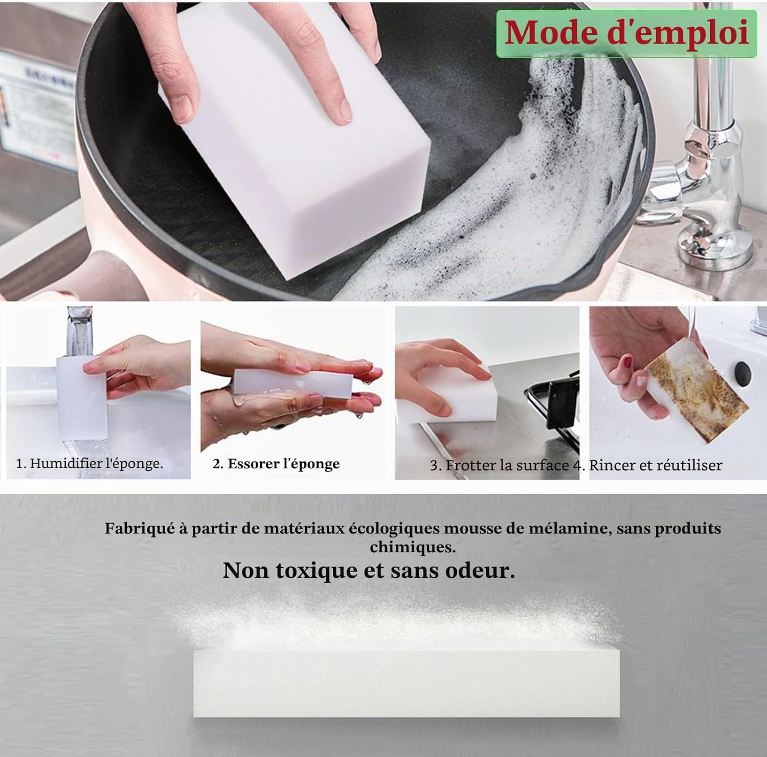 Detalle de YeahWhee PUS100 melaminesponzen, 100 stuks, wit en herbruikbaar