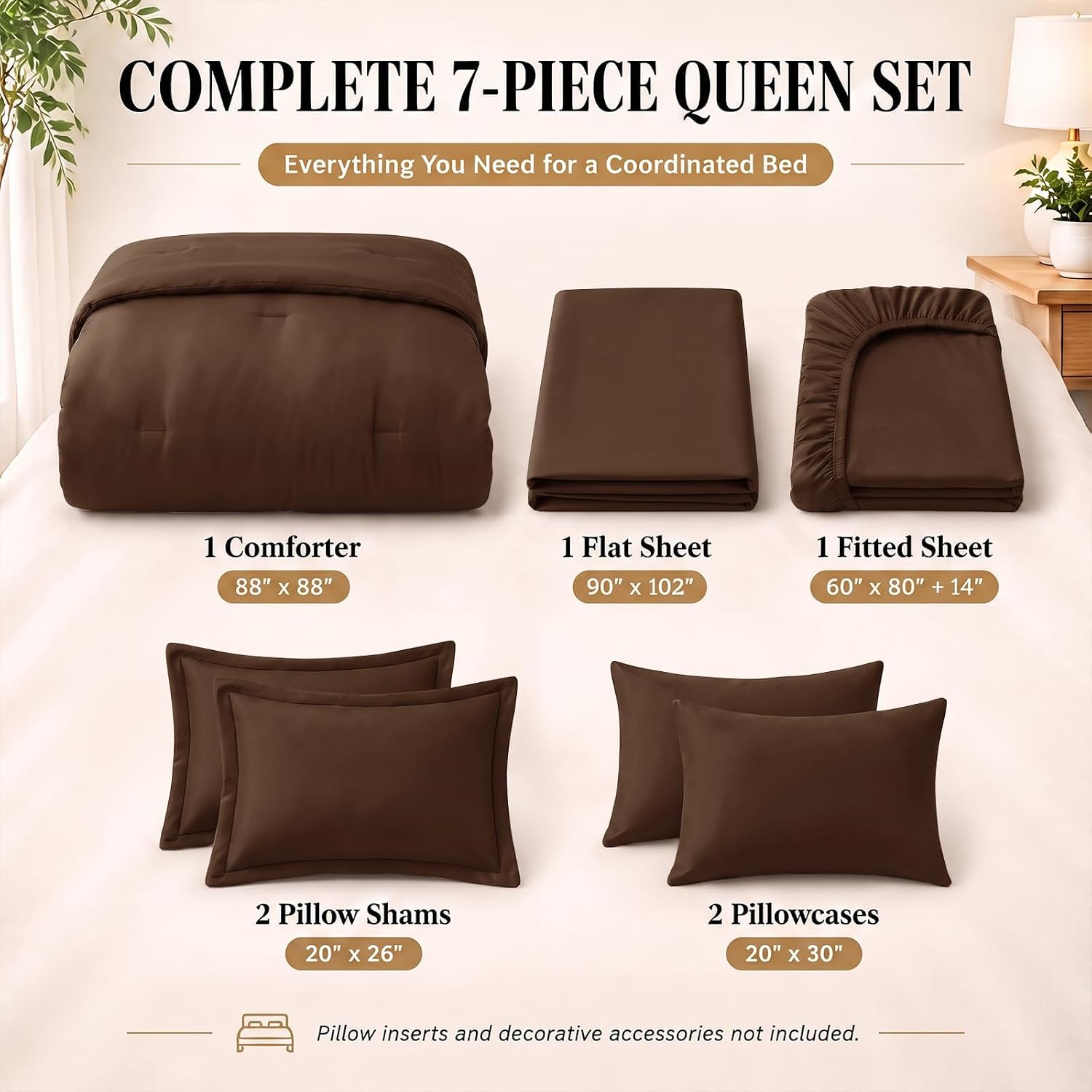 Detalle 2 de CozyLux Queen Comforter Set, 7-Piece Brown Bed-in-a-Bag, 240 GSM Microfiber
