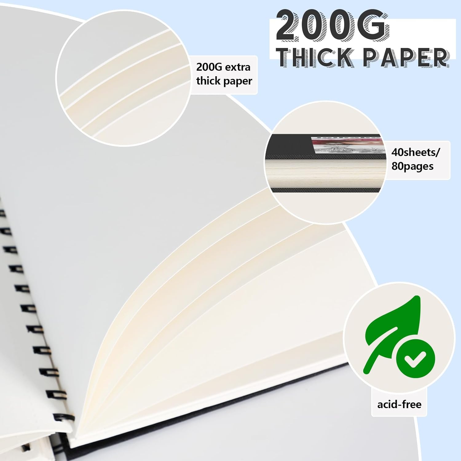 Detalle de 2 Stück A5 Skizzenbuch – Hochwertiges Zeichenpapier 200 g/m² mit Spiralbindung, Hardcover