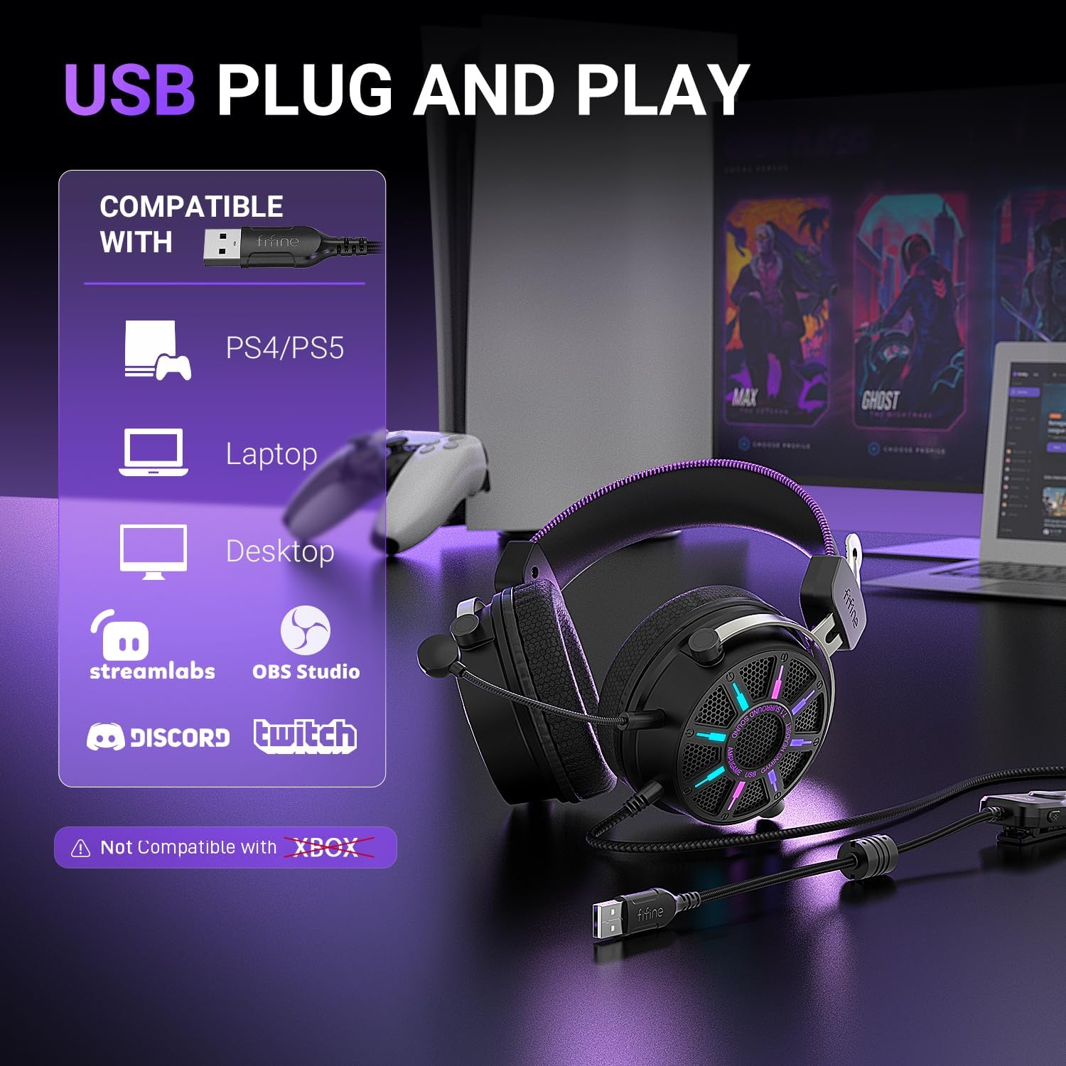 Detalle 2 de FIFINE H19BP Wired Open-Back Gaming Headset (7.1 Surround, RGB, USB Control Box) with Mic