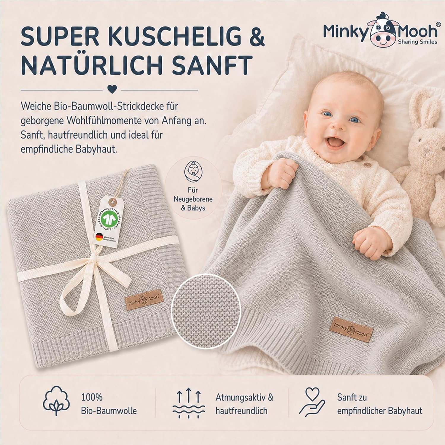 Thumbnail 2 de Minky Mooh® Babydecke aus 100% Bio-Baumwolle, 94x72 cm, grau – Kuscheldecke für Neugeborene