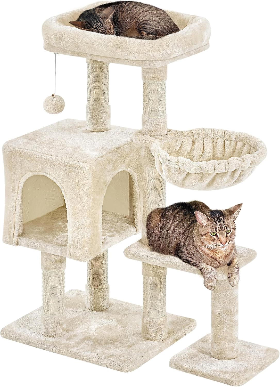 Detalle de Yaheetech Multi-Level Cat Tree (96cm) with Large Condo Top Platform, Jangling Bell & Sisal Scratching Posts – Beige