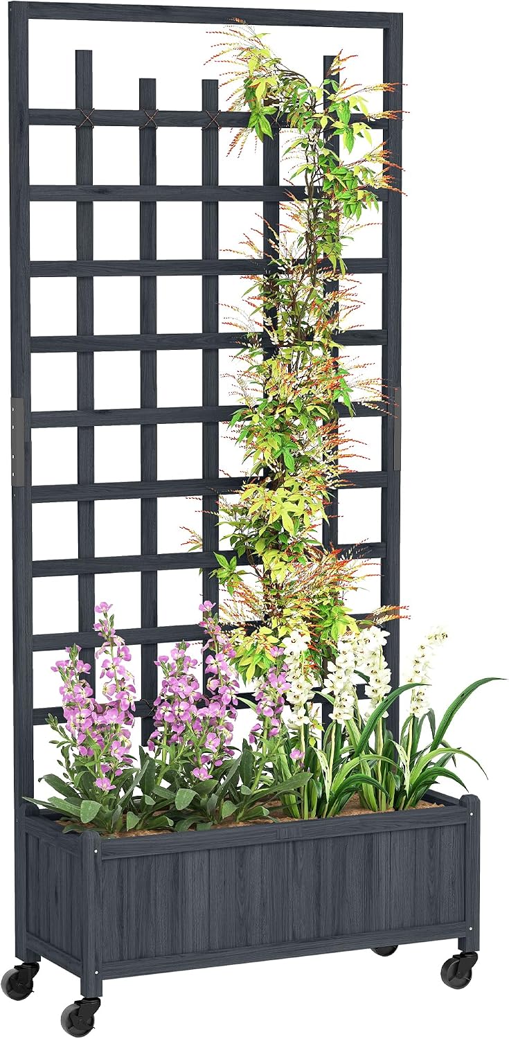 Detalle de Outsunny 84H-001V00GY Wooden Trellis Planter, Grey, 54L, with Wheels