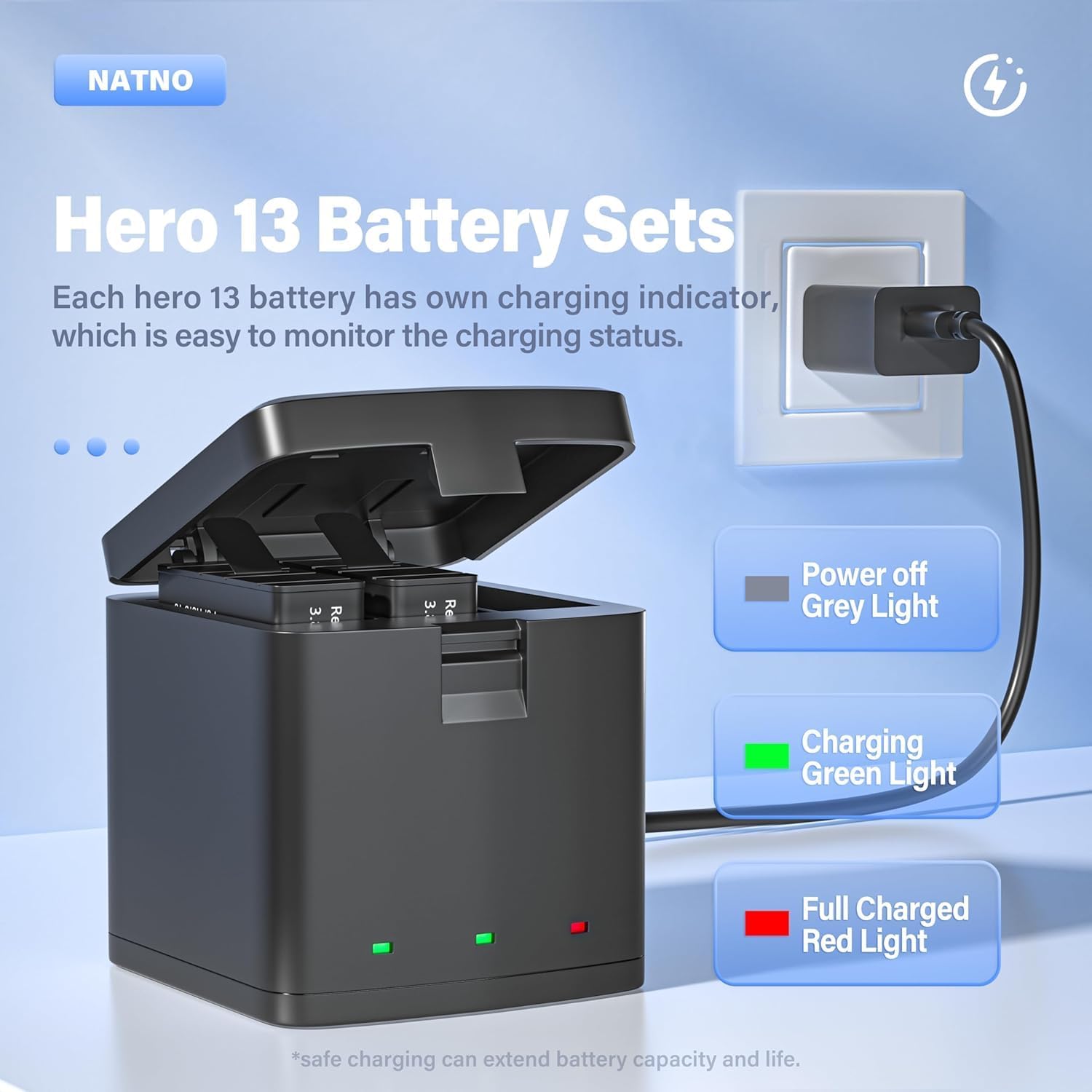 Thumbnail 6 de Battery for Hero 13: 2 Pack 2100mAh Rechargeable Batteries + 3-Channel Charger Case