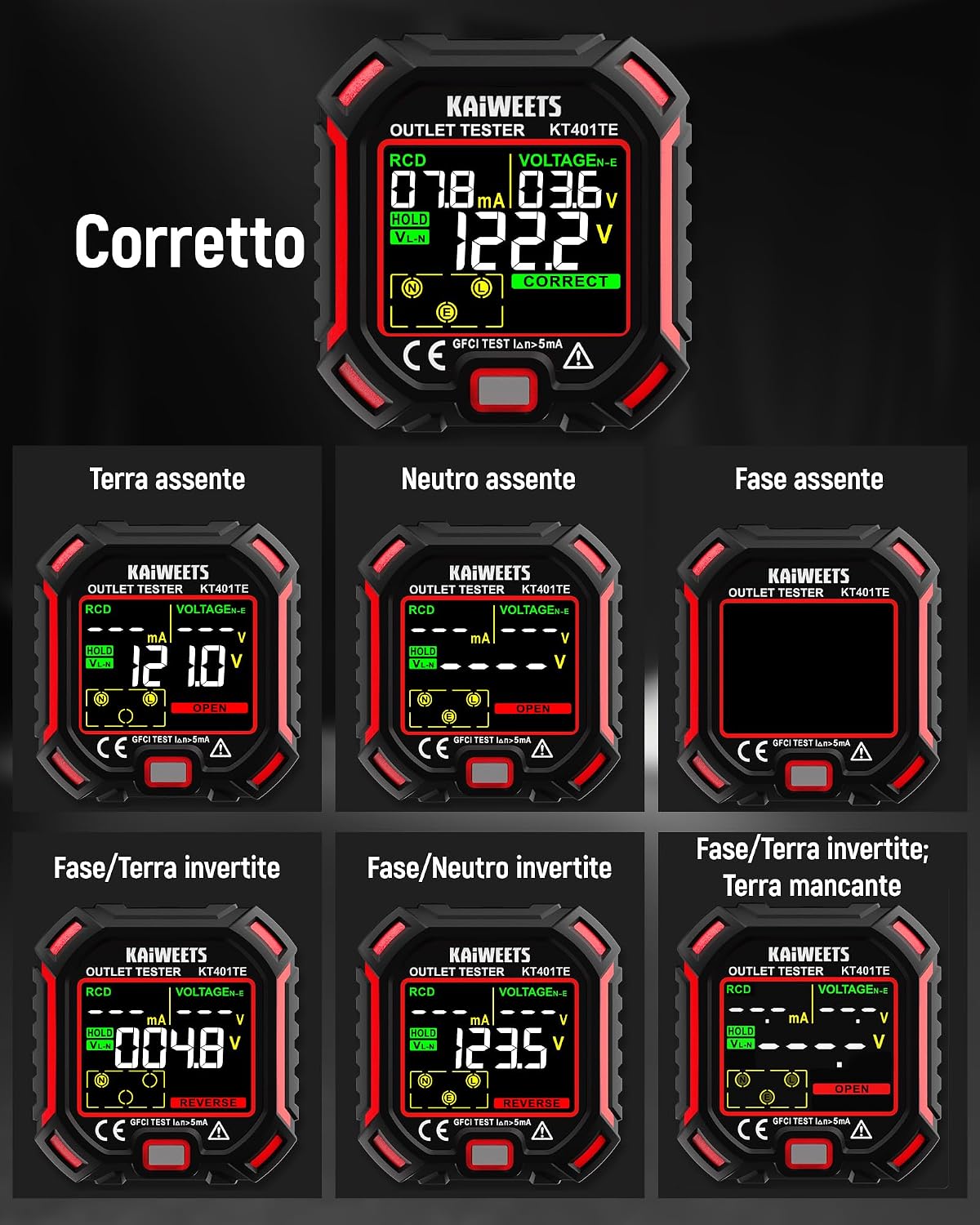 Detalle de KAIWEETS Tester per prese 7-in-1 con test RCD e display LCD a colori, misurazione tensione e dispersione, 200–250 V, CAT II 300 V