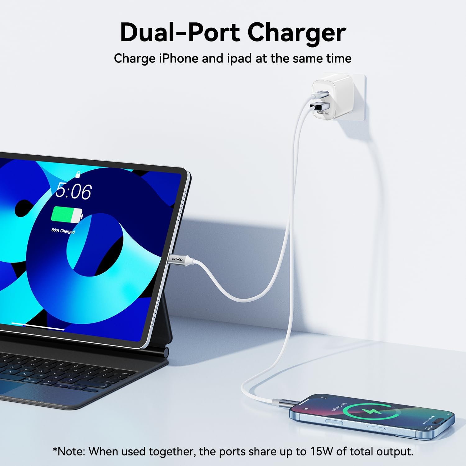 Detalle de BENFEI 33W GaN II USB-C Charger, 2-Port USB-C and USB-A, White