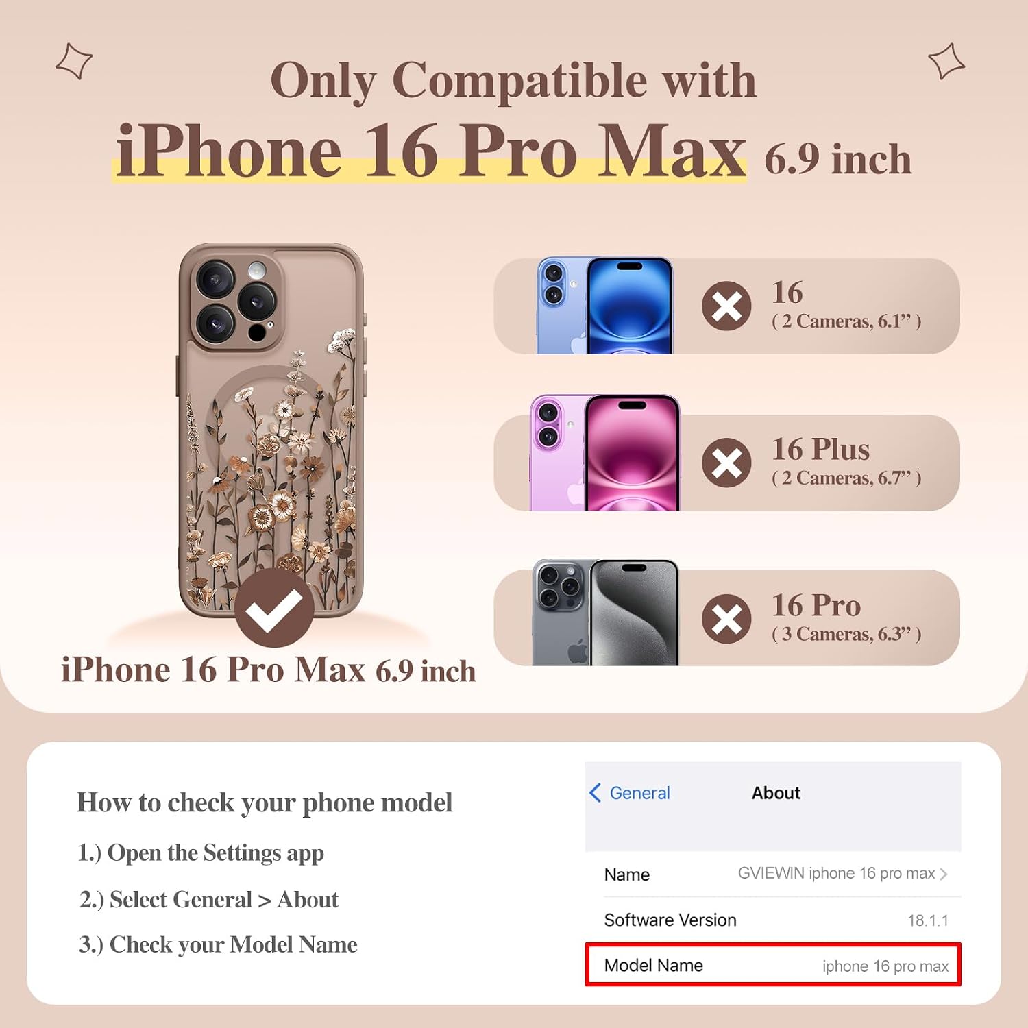 Thumbnail 1 de GVIEWIN iPhone 16 Pro Max Case with MagSafe and Full Camera Protection (Floratopia/Brown)