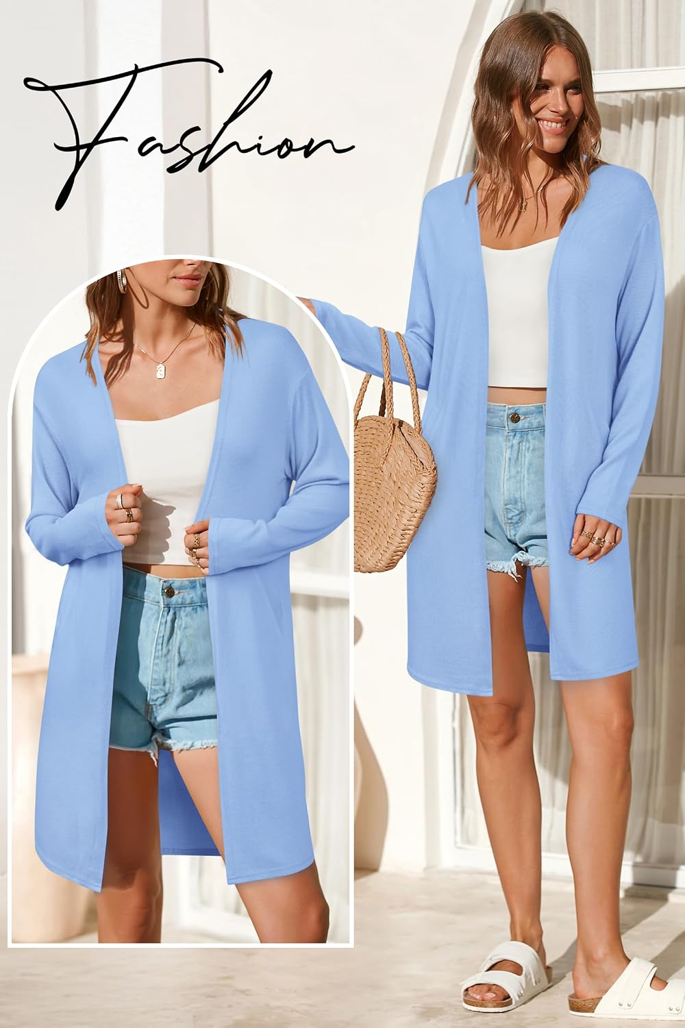 Detalle de OUGES Damen Langarm Strickjacke Lang Leicht Cardigan Casual Strickmantel mit Taschen