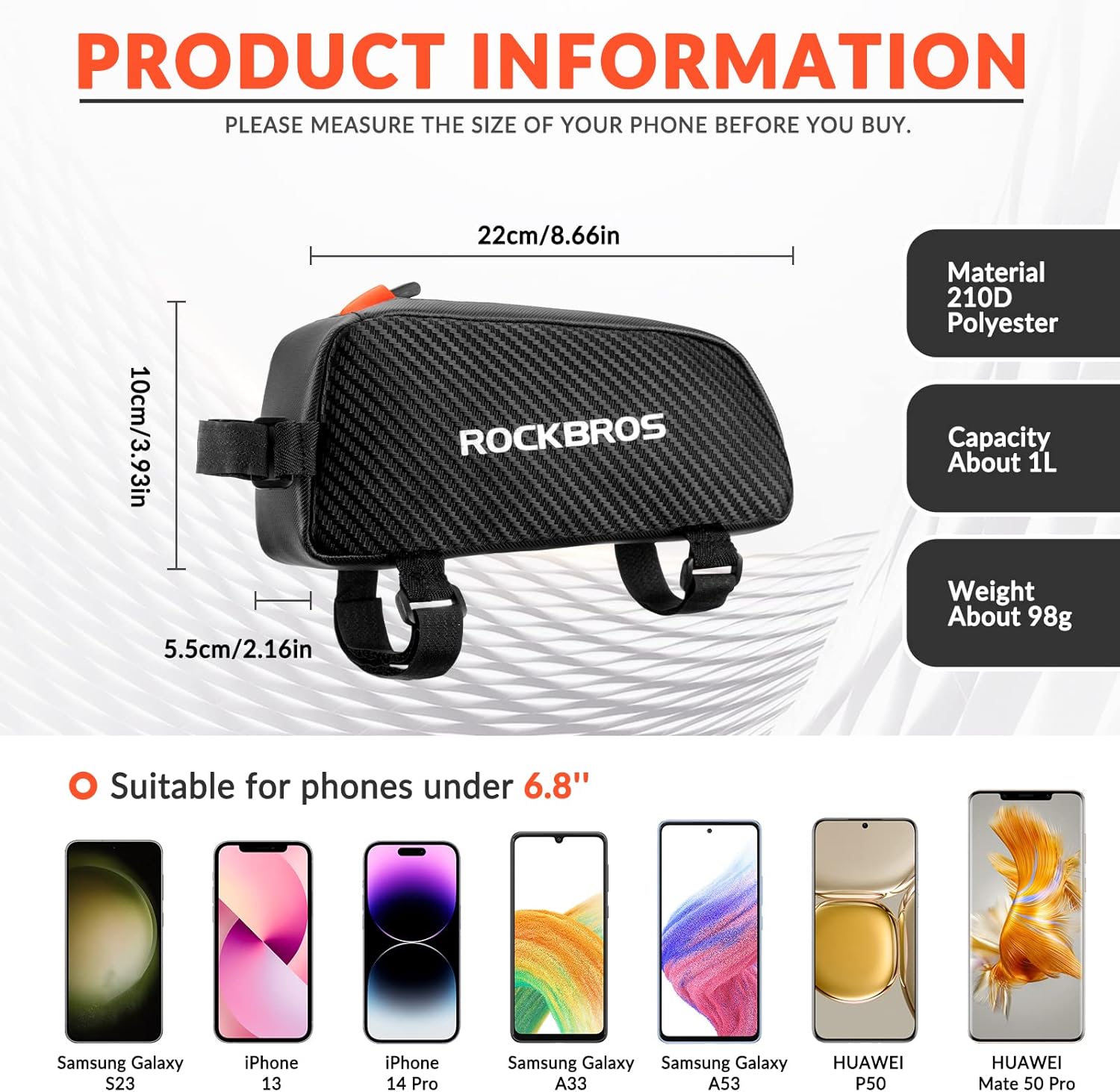 Thumbnail 1 de ROCKBROS 1L Bike Frame Bag – Reflective Top Tube Pouch for MTB, Road and E-Bike