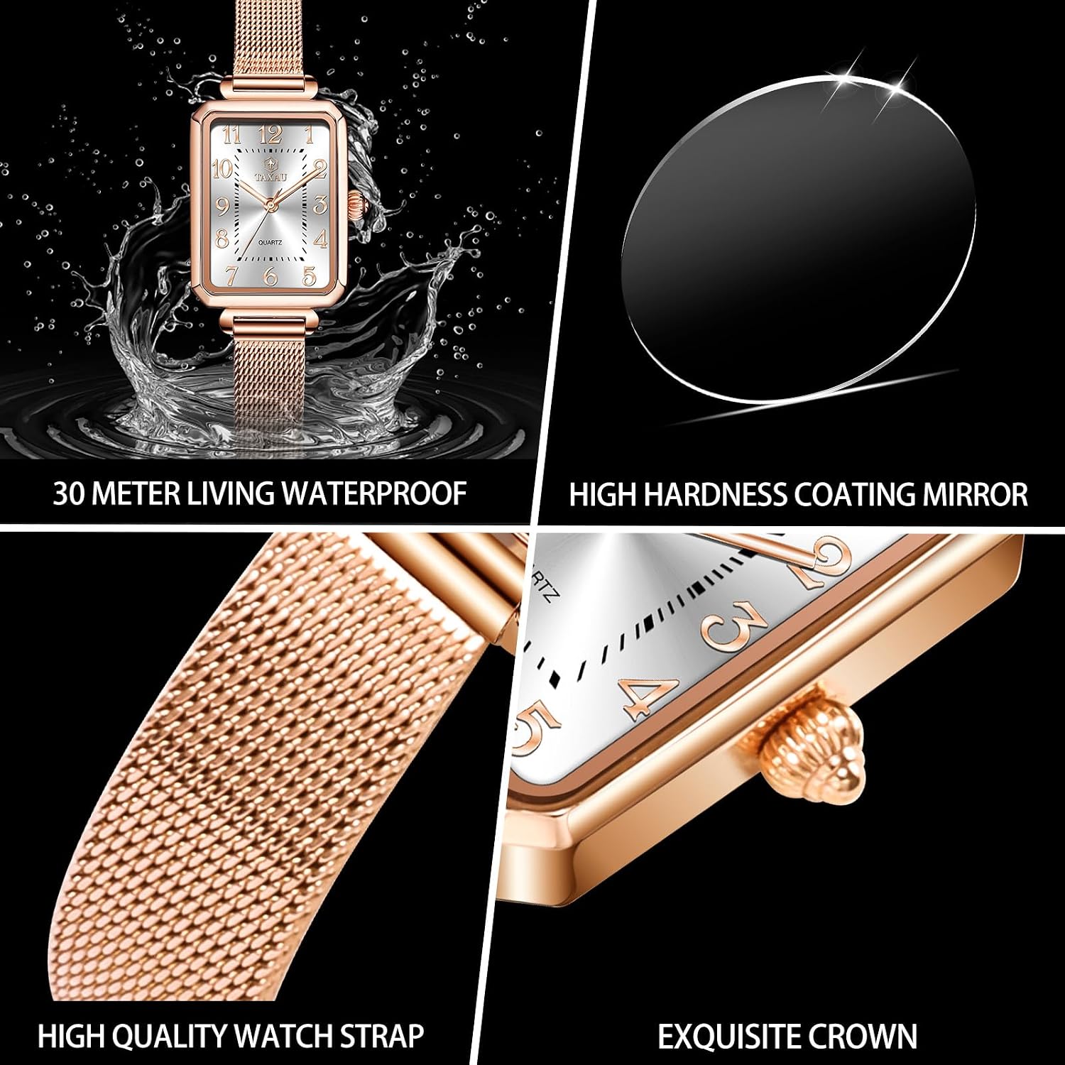 Detalle 2 de Taxau Damenuhr eckig mit Edelstahl-Mesh-Armband, rechteckiges Quarz-Uhrwerk (roségold, wasserdicht)