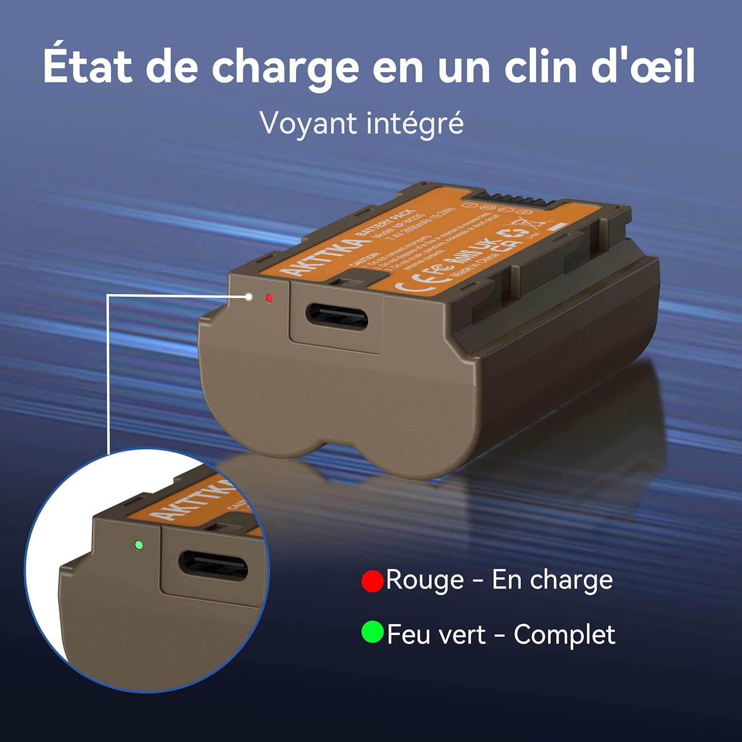 Detalle de Kit AKTTKA NP-W235 – 2x 2600 mAh avec station de charge USB-C pour Fuji X-T4/X-T5 et GFX/X-H2S