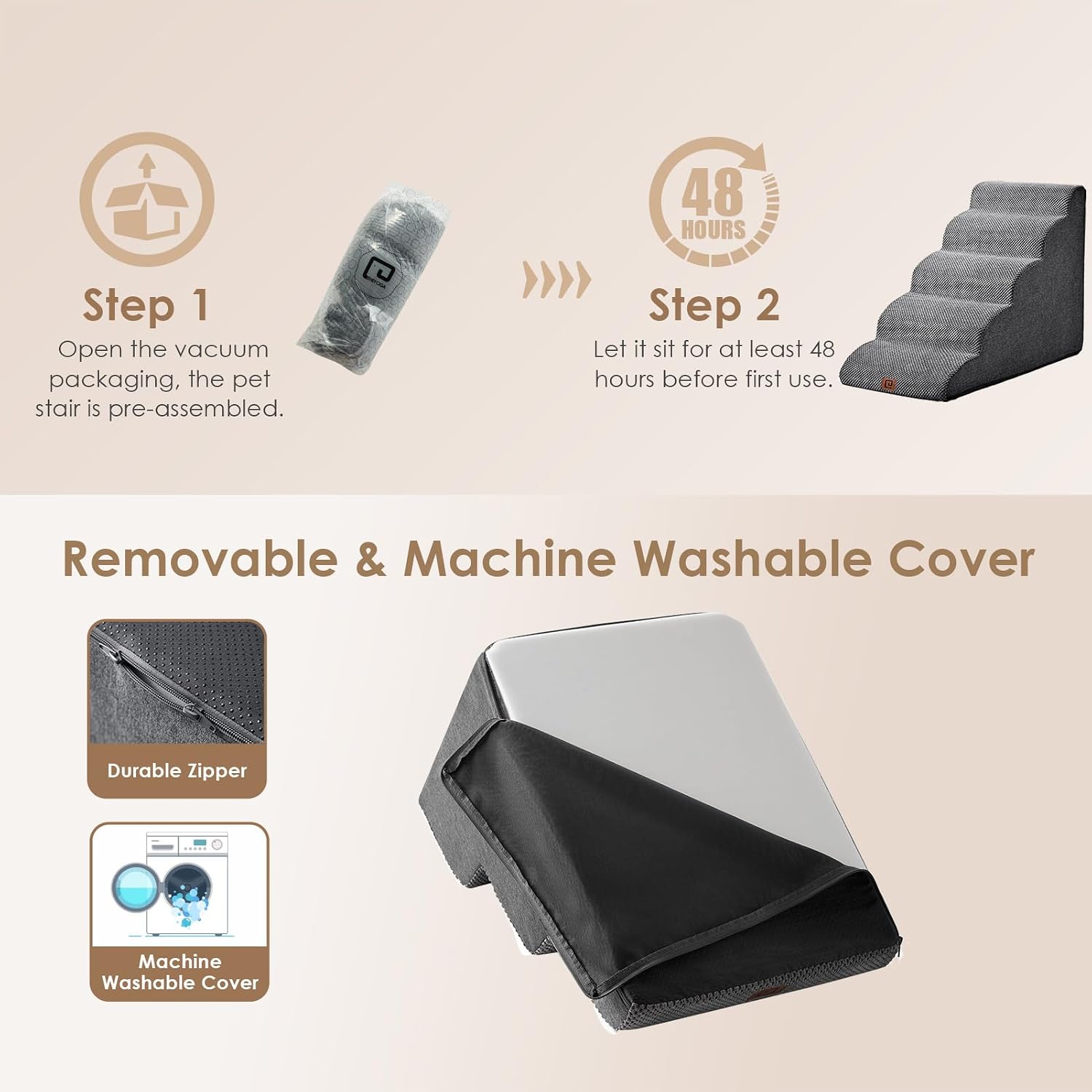 Detalle 2 de EHEYCIGA Curved Dog Steps for Bed: 4-Step Foam Pet Stairs for Bed to Sofa
