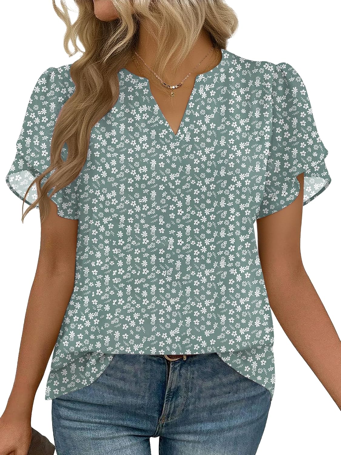 Detalle de Zeagoo Women's Short Sleeve V-Neck Blouse in Lightweight Polyester Crepe