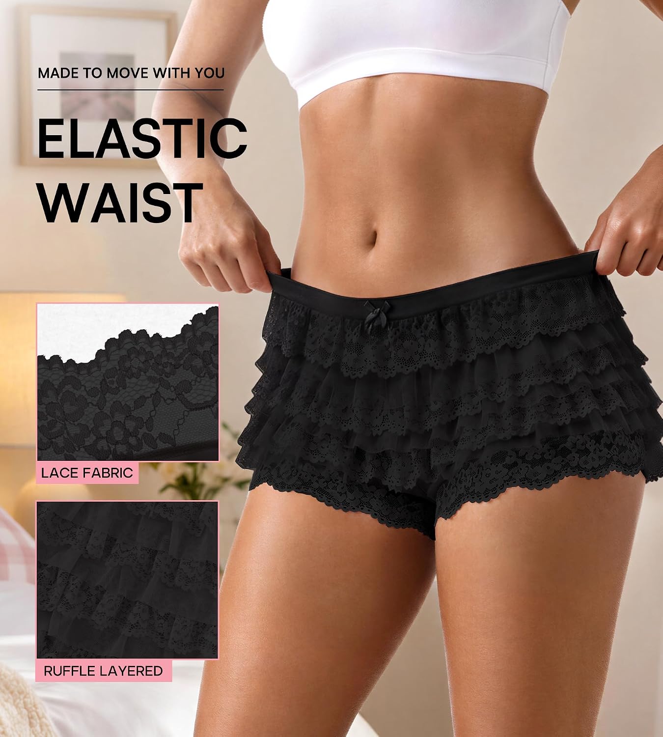 Detalle 2 de SHARICCA CR26059 Mesh Ruffle Boyshort Underwear with Layered Lace and Bow