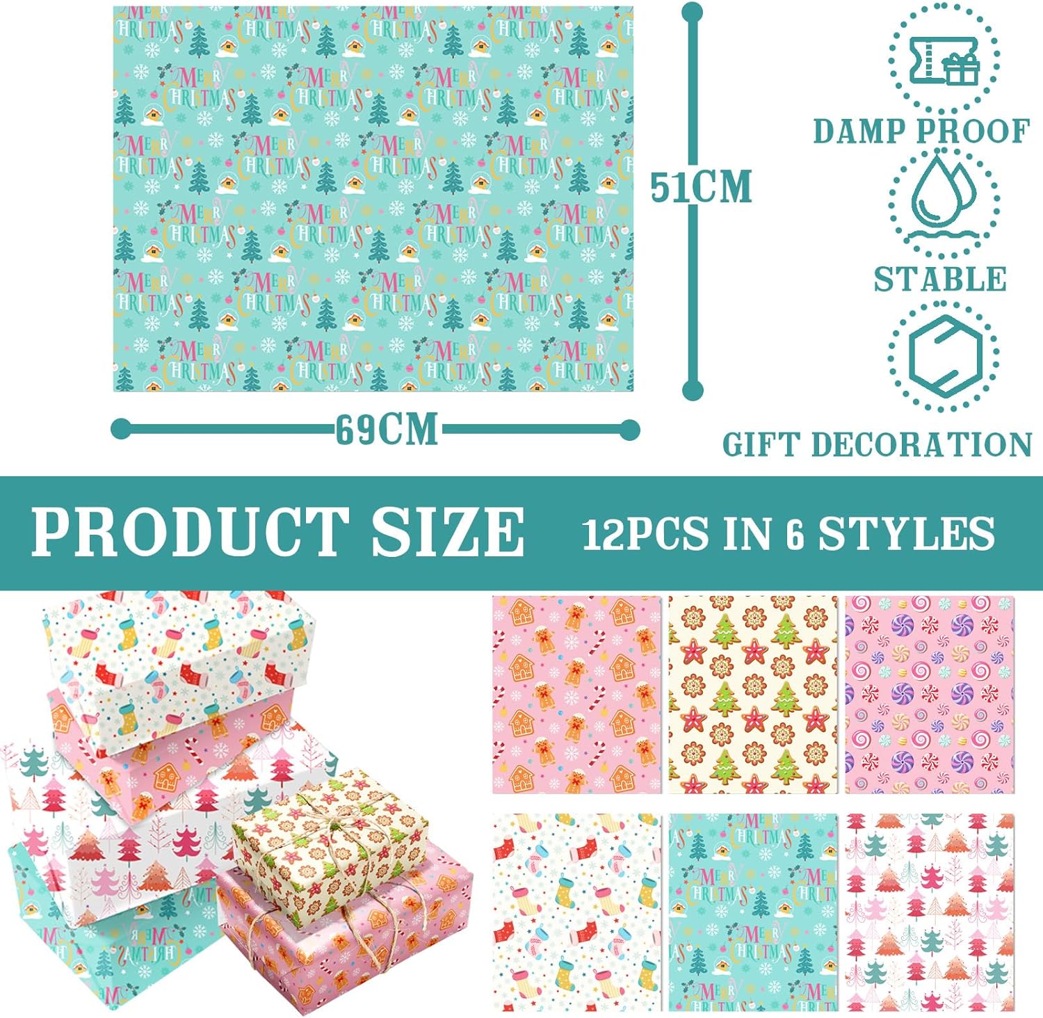 Detalle 2 de Candyland Christmas Wrapping Paper Sheets (12 Pack) – 50 x 69 cm, Pink & Blue Gingerbread Theme, Loose-Leaf Recyclable Gift Wrap