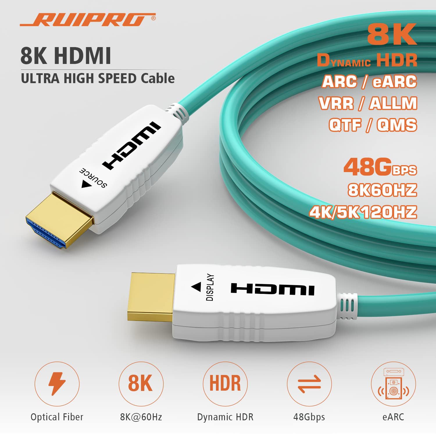 Thumbnail 1 de RUIPRO 8K Fibre Optic HDMI Cable 5M – Ultra High Speed HDMI 2.1 (48Gbps) for 8K/4K Signalling