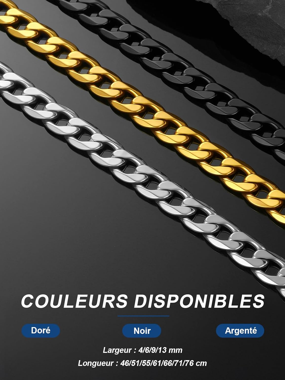 Thumbnail 6 de ChainsPro Collier chaîne cubaine Miami en acier inoxydable 316L (4/6/9/13 mm, 46–76 cm) argent/noir/or en coffret cadeau